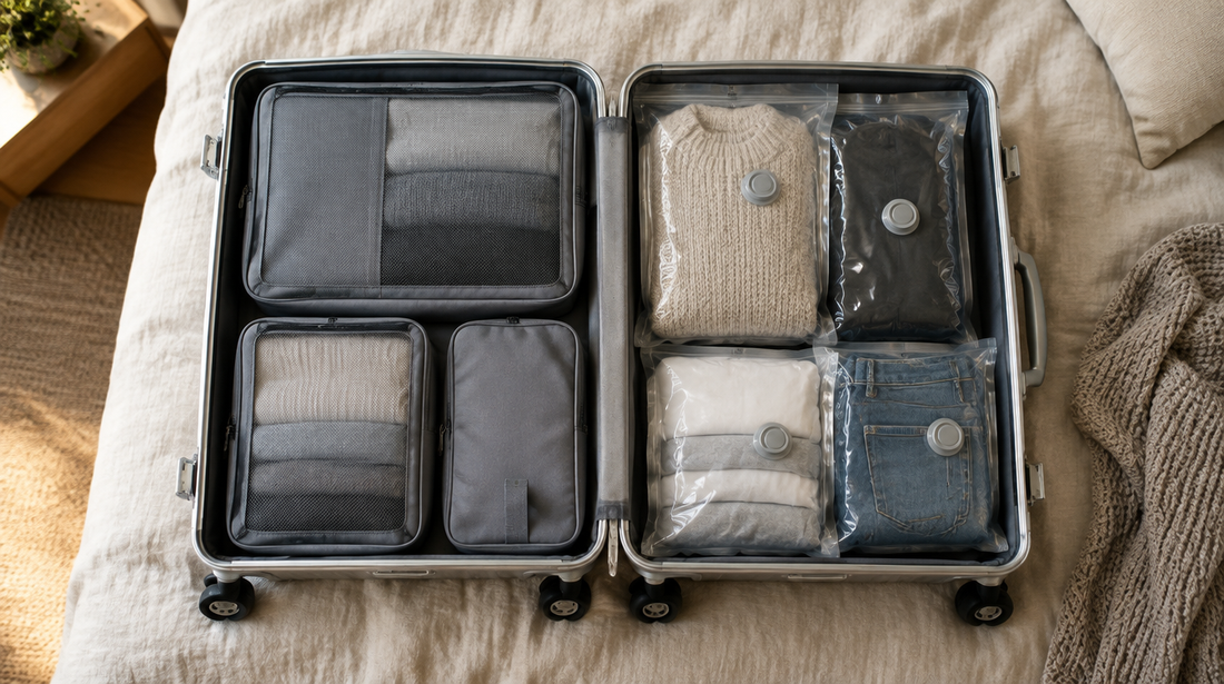 Open aluminium suitcase packed with packing cubes and vacuum bags
