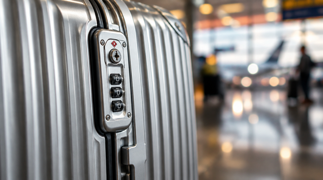 Close-up of a TSA combination lock on an aluminium suitcase