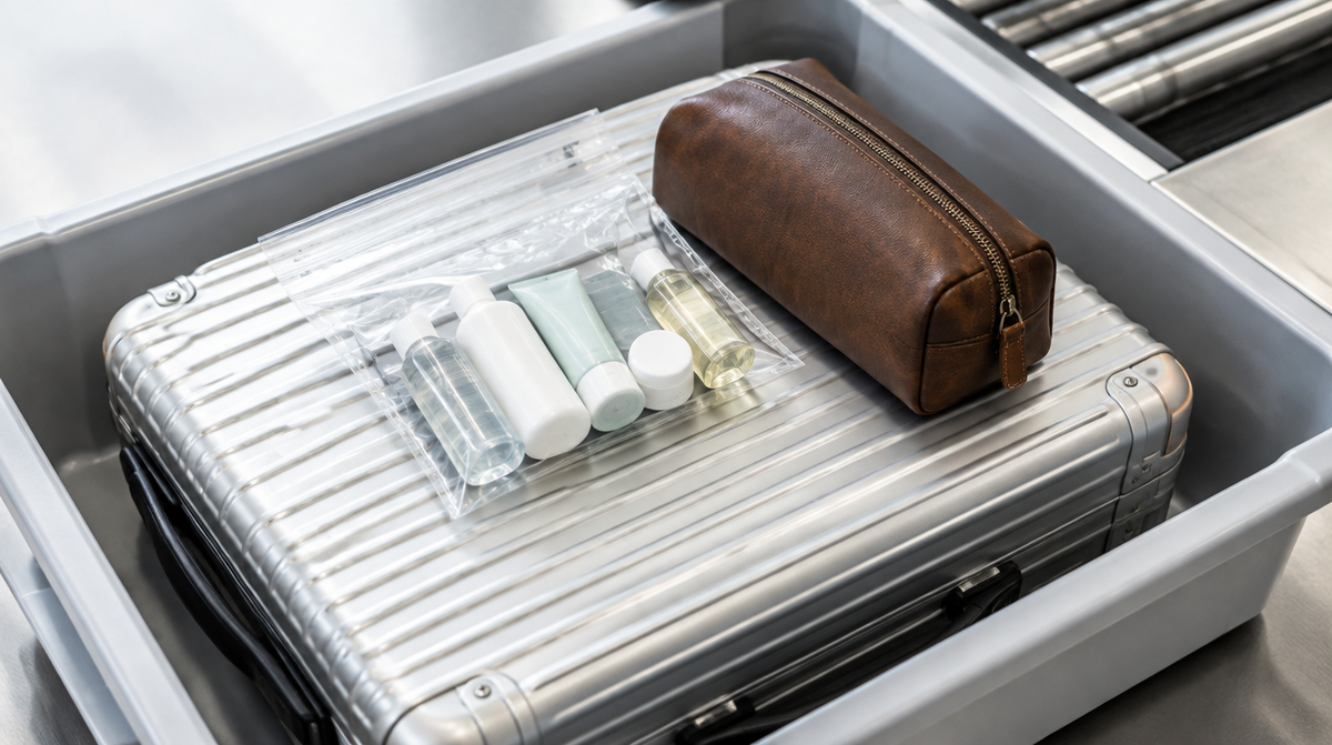 Clear bag of travel-size liquids beside an aluminium suitcase at airport security