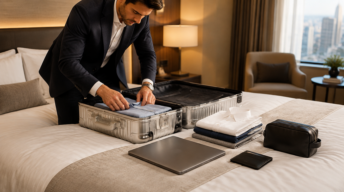 Business traveller packing an aluminium suitcase on a hotel bed, with shirts and laptop laid out
